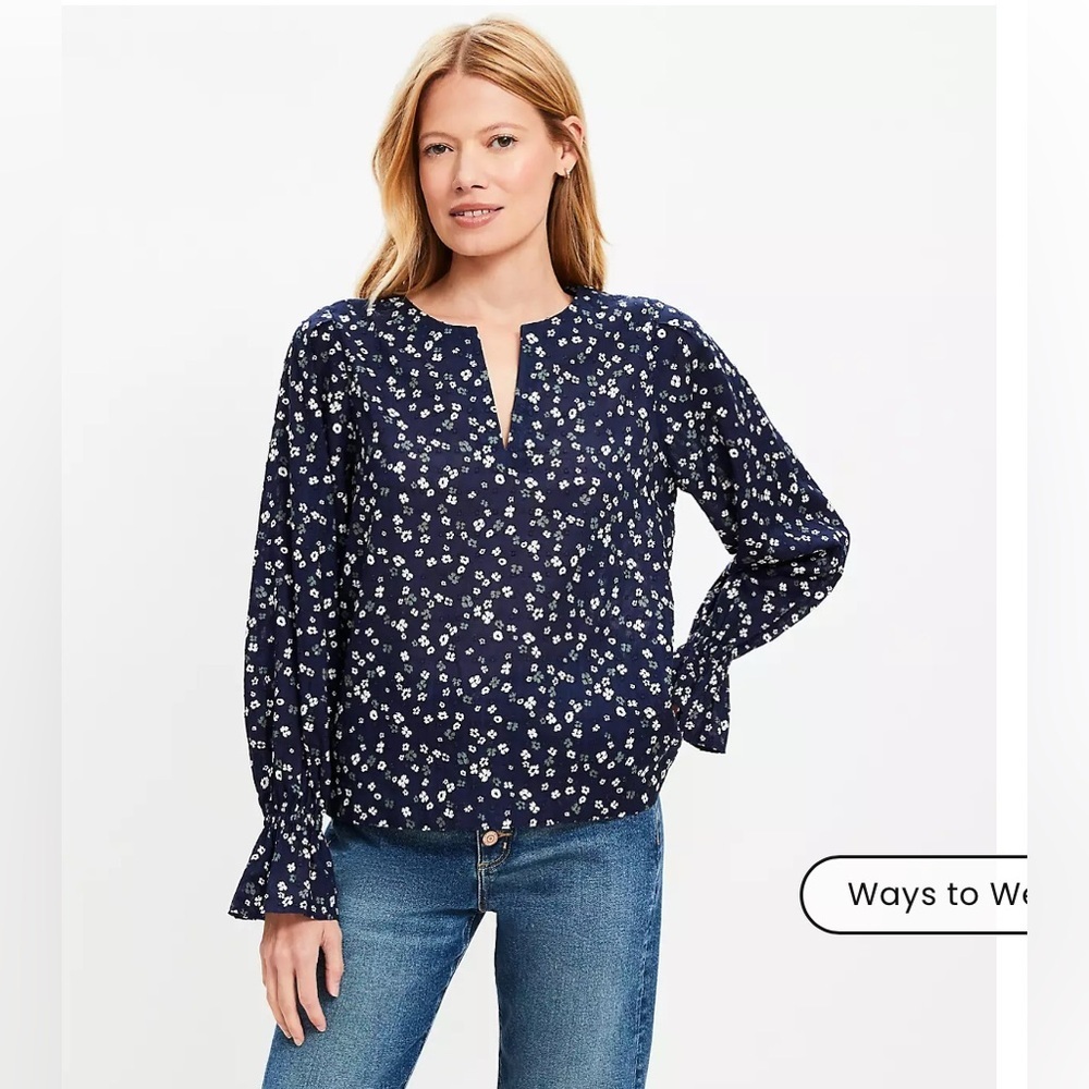 NWT Loft navy Petite Bloom split neck long sleeve blouse size petite xsmall